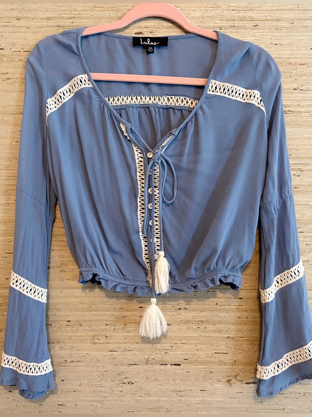 Lulu's Dusty Blue Crochet-Trim Tie-Front Peasant Blouse